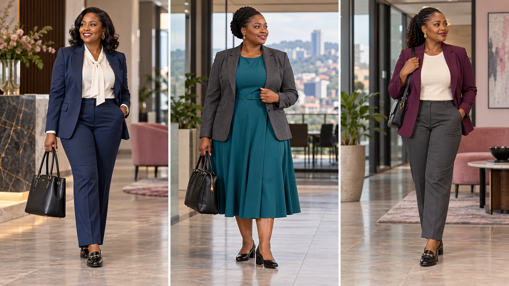 Three women model CEO outfit ideas: a navy suit, a teal dress with a charcoal blazer, and a plum blazer with tailored trousers.