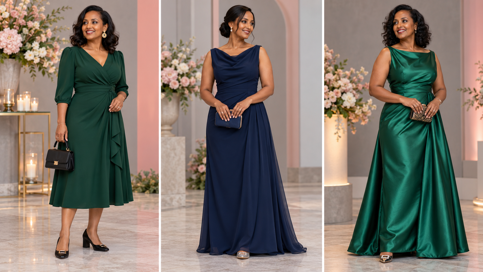 Three women model a green cocktail midi, a navy floor-length formal dress, and an emerald evening gown with coordinated bags and shoes.